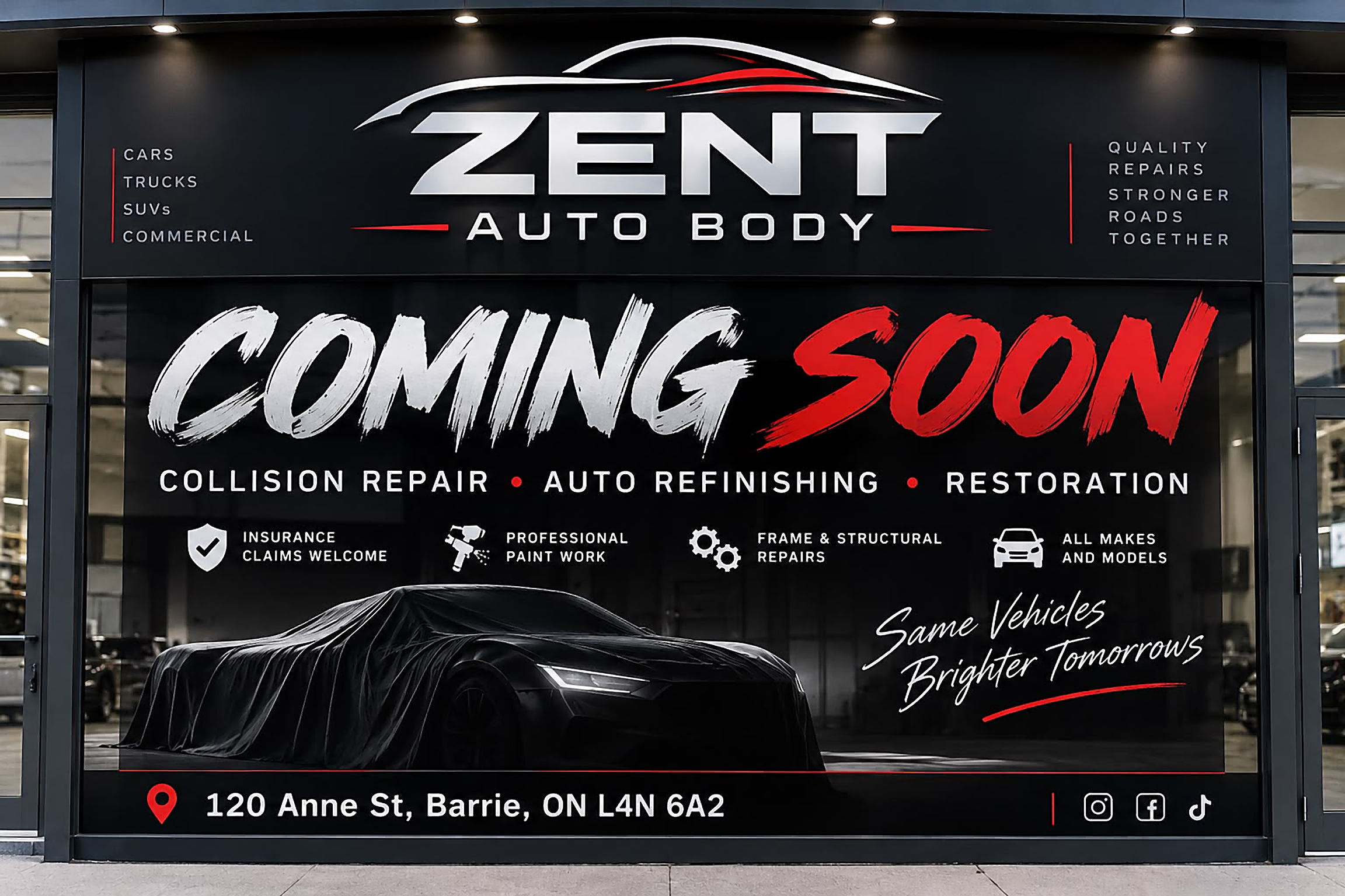 Zent Auto Body storefront on Anne Street, Barrie